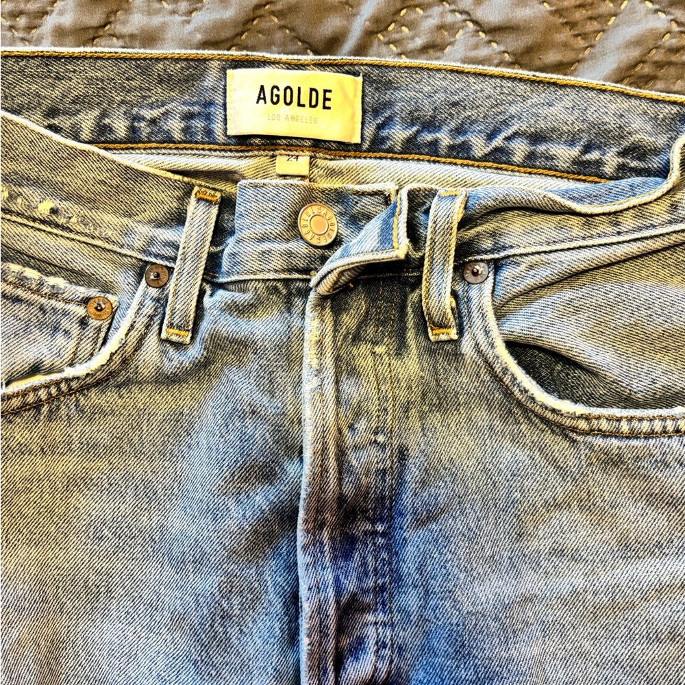 Agolde women's Slim Straight Jeans in Light Blue Wash